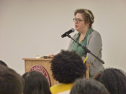 Visiting Author Kate Scelsa speaks to the Upper School.